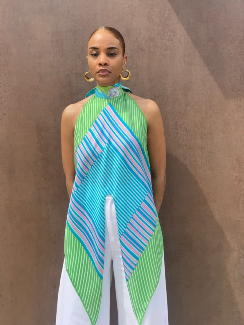 Colorblock Halter Tunic Top in Lime Green & Aqua Stripe